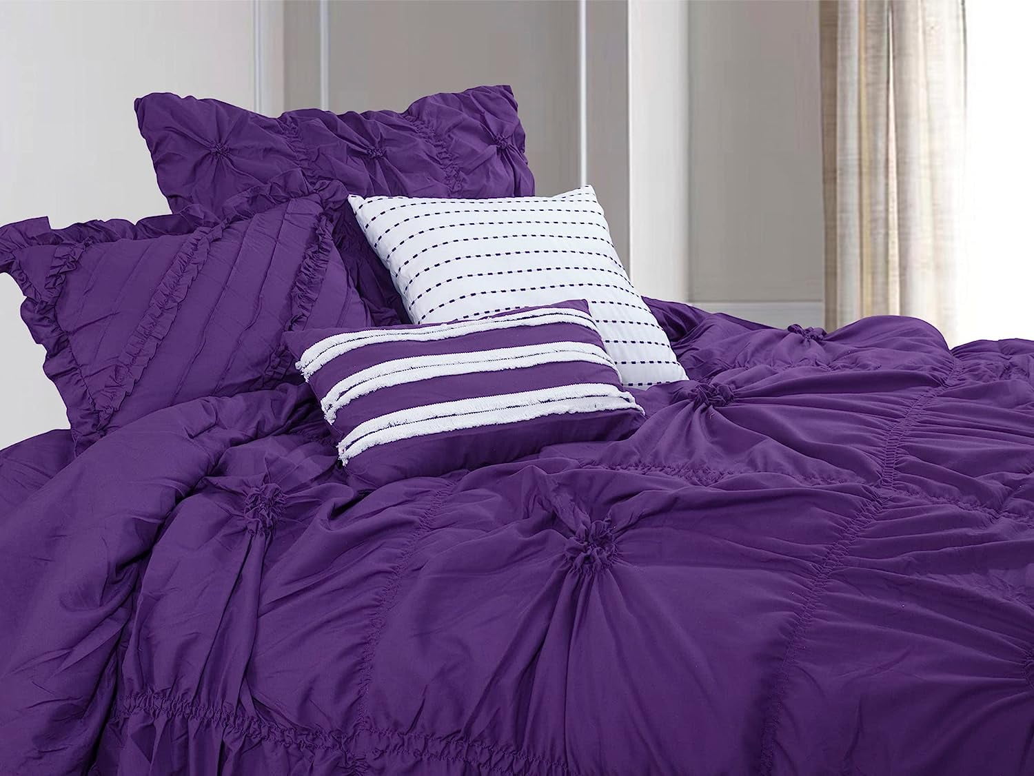 12-Piece Oversized Comforter, Amy Bedding Collection including 6-Piece Sheet Set Featuring Smart Pockets and Matching Decorative Pillows, King/California King, Purple