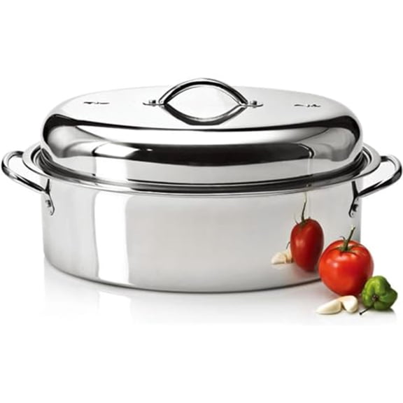 Stainless Steel Roasting Pan Set, Oval Turkey Roaster with Steamer Rack & Lid, Perfect for Oven Cooking, Grilling Turkey & Chicken for Thanksgiving, Home Use, 42cm
