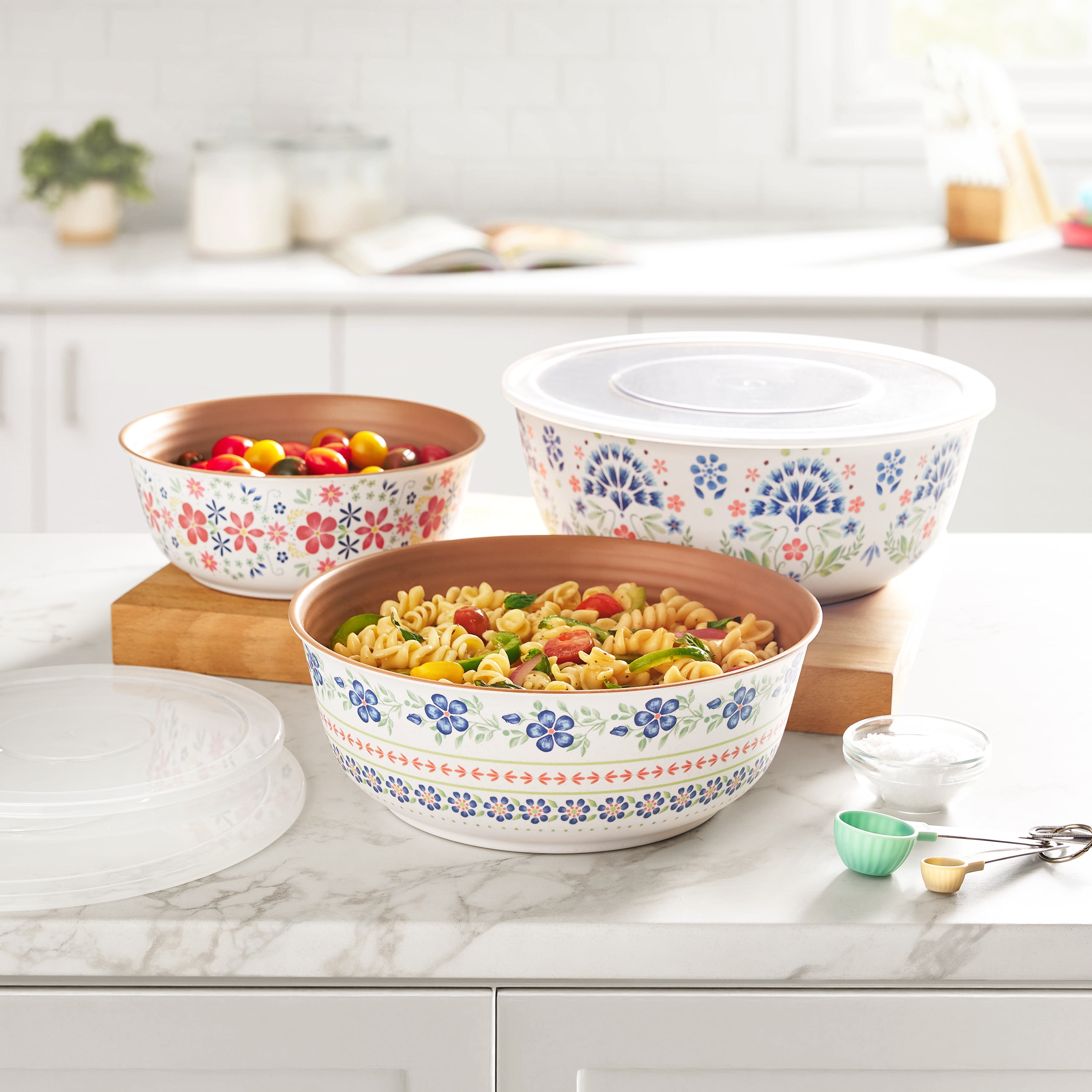 The Pioneer Woman Hattie 6-Piece Bamboo Melamine Bowl Set with Lids, Multicolor