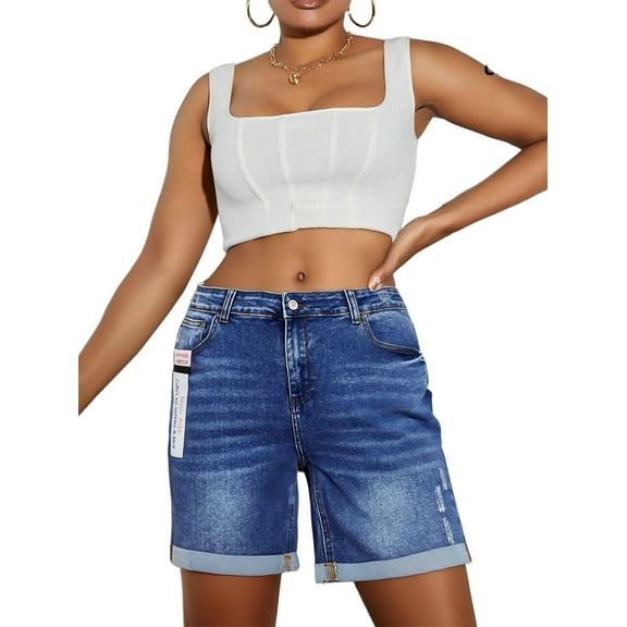Women'S Large Size Treasure Blue Versatile Casual Style Denim Shorts, Leg Rolled Fake Pocket Denim Shorts Women Plus Size, Stretchy Soft,Plus Size Capri,Plus Size Jeans