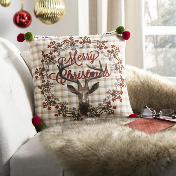 SAFAVIEH Darton Merry Christmas Reindeer 18" x 18" Holiday Pillow, Champagne/Red