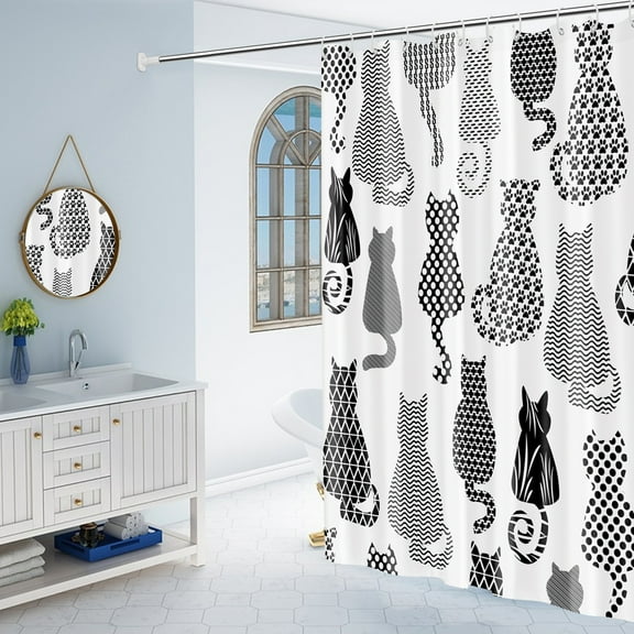 MONOJOY Boho Cute Cat  Shower Curtain Black and White Polyester Waterproof Bath Curtain , 72" W x 72" L