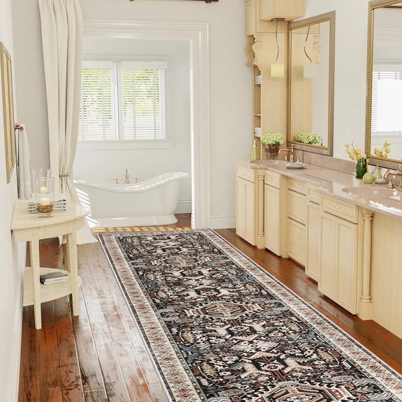 Washable Kitchen Runner Rug - 2'6''x12' Hallway Rug Distressed Mats Non-Slip Soft Room Floor Carpet for Dining Room (Black, 2'6'' x 12')