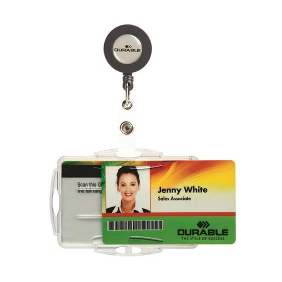 Produits de Bureau Durables 821919 Porte-Cartes d'Identité Double Style Ouvert avec Badge Bobine, Transparent - Boîte de 10