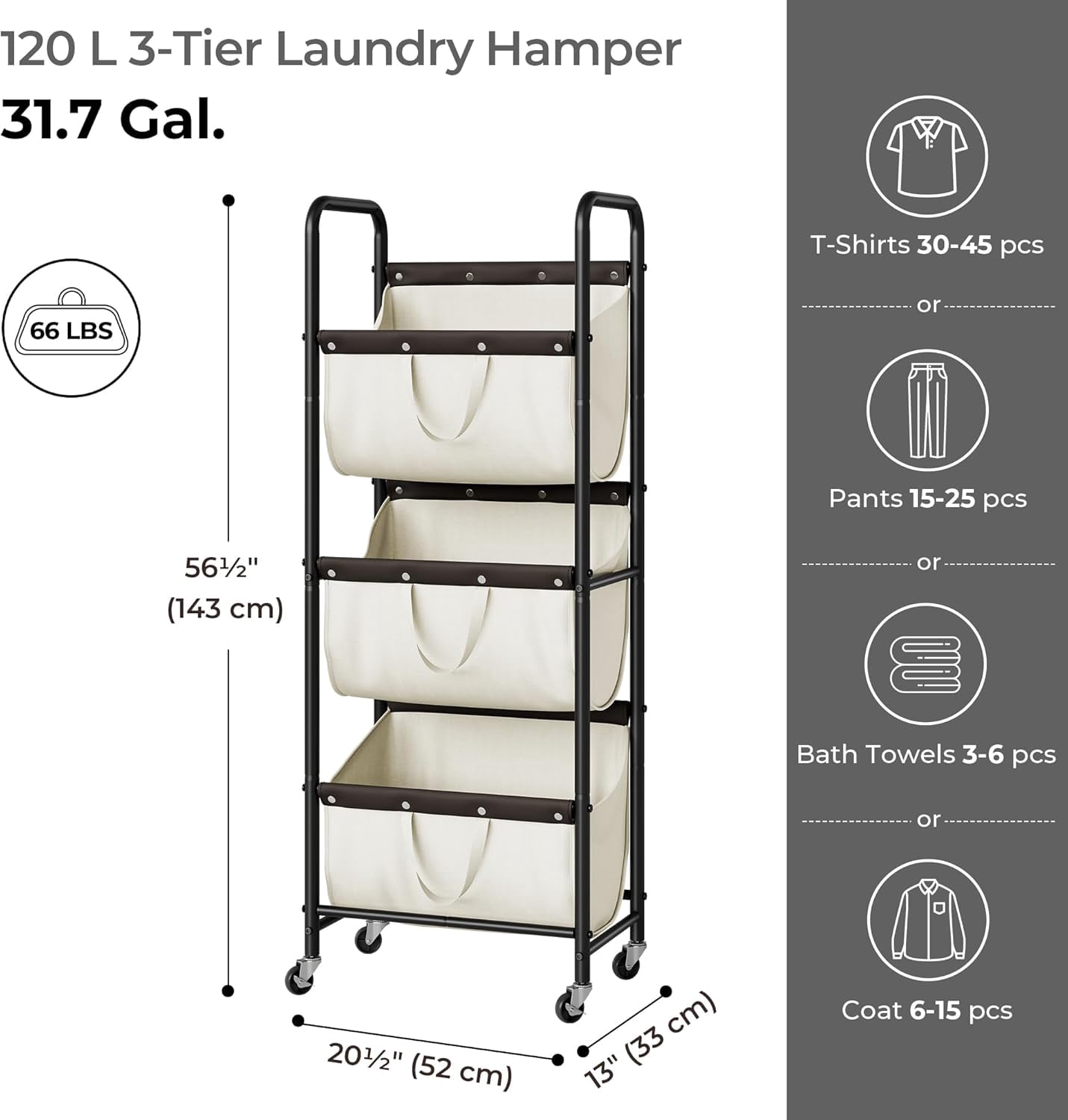 GRANNY SAYS 3-Tier Laundry Basket with Wheels, 120L Rolling Laundry Hamper Sorter, 3 Section Metal Frame Laundry Organizer, Removable Bags, Beige