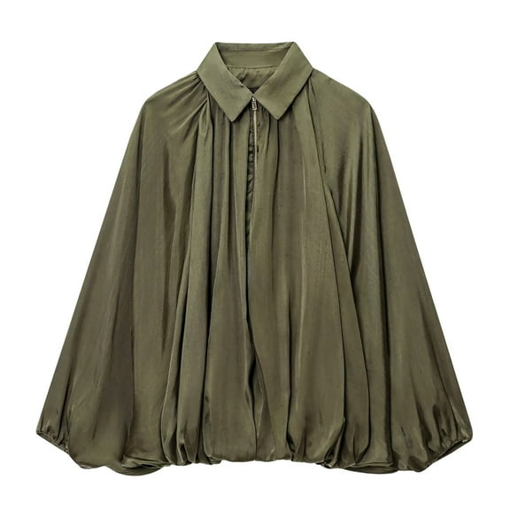 felwors Women's Puffed Bomber Jacket Oversized Streetwear Casual Batwing Sleeve Lapel Collar Zip Front Pleated Shirts Green, L