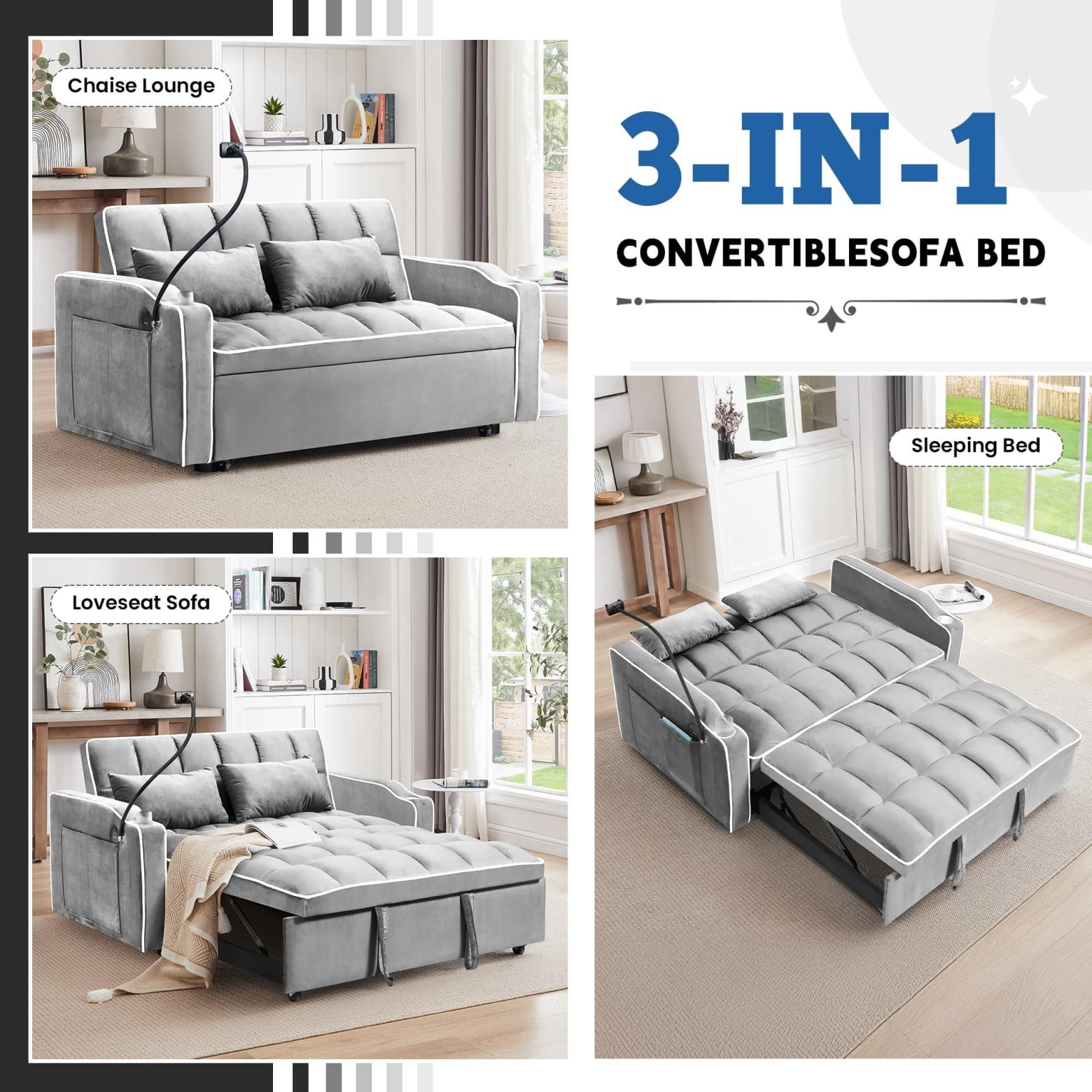 55" 3 in 1 Convertible Sofa Bed with Phone Holder, Loveseat Couch with Pull Out Bed, Space-Saving Apartment Sofa, Light Gray