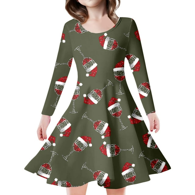 MIASHUI Robe de Fête Festive pour Filles avec Motif Enchanteur de Cerf et d'Arbre de Noël Vert Foncé, 6-7 Ans