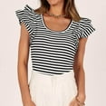thumbnail image 6 of UYISJ Women's Ruffle Short Sleeve Striped T Shirts 2024 Summer Scoop Neck Slim Fitted Causal Basic Summer Tee Tops Black XL, 6 of 9