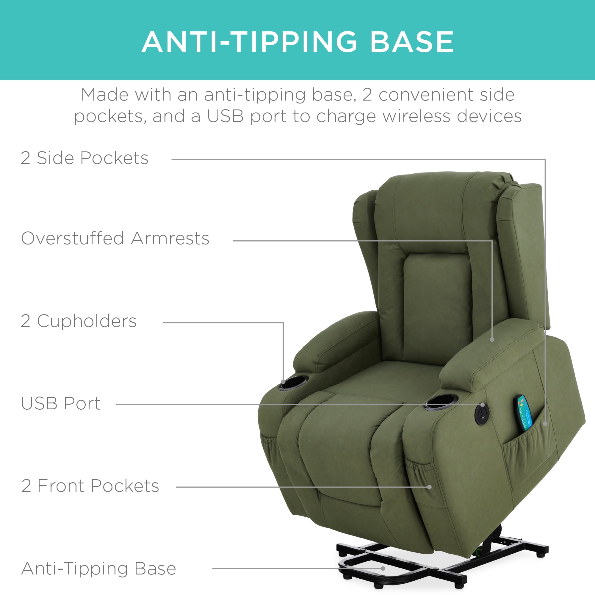 Best Choice Products Electric Power Lift Recliner Massage Chair Furniture w/ USB Port, Heat, Cupholders - Olive