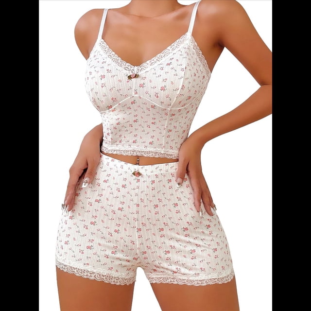 Conjunto de Pijama de 2 Piezas para Mujer, Sin Mangas, con Estampado Floral, Corazón y Cereza, Pantalones Cortos Informales, Ropa de Dormir , Talla M