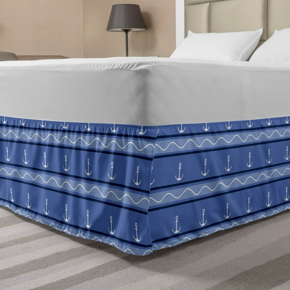 Vintage Stripe Bed Skirt, Nautical Anchor Pattern Waves and Lines, Elastic Bedskirt Dust Ruffle Wrap Around for Bedding Decor, 4 Sizes, Ceil Blue White, by Ambesonne