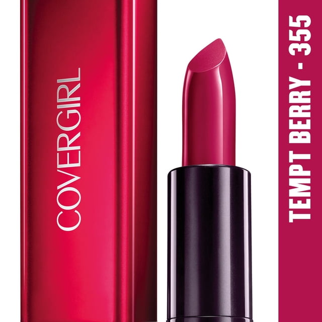 COVERGIRL Exhibitionist Crème Lipstick in Tempt Berry 355 shade, showing a close-up of the creamy berry pink lipstick bullet with a black base next to the matching berry pink rectangular case with COVERGIRL branding, designed for 24-hour hydration and vibrant colour.