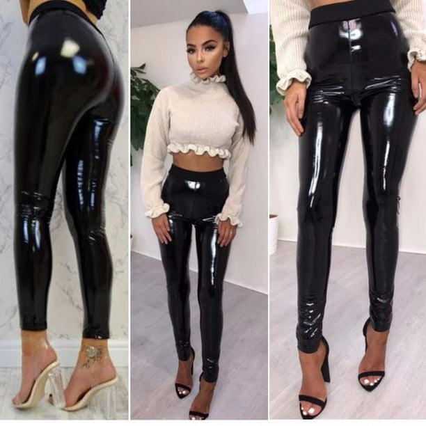 Womens Ladies Pvc Leather High Waist Leggings Pu Wet Look Stretch Trousers  Pants,Ladies Trousers,XXS-XL/Black