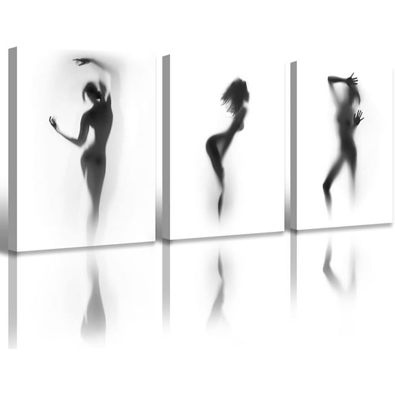 Abstract Black and White Wall Art - Girl Art Poster - 3-Panel Framed Canvas Set, Artistic Silhouettes Decor for Bathroom, Bedroom, Living Room, Ready to Hang 12"x16"x3