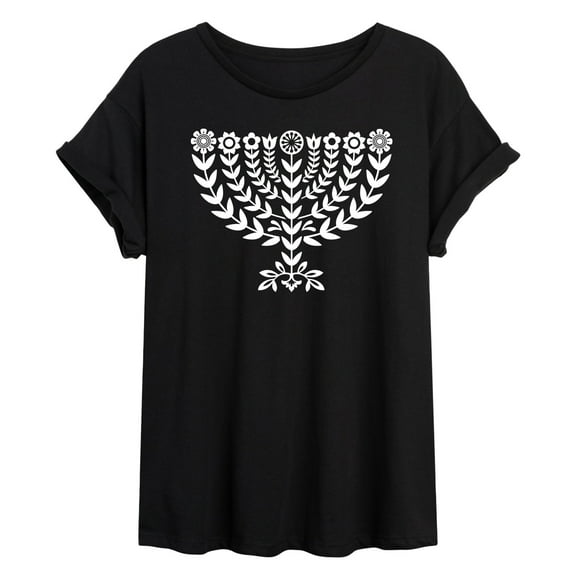 Instant Message - Floral Menorah - Womens Oversized Graphic T-shirt