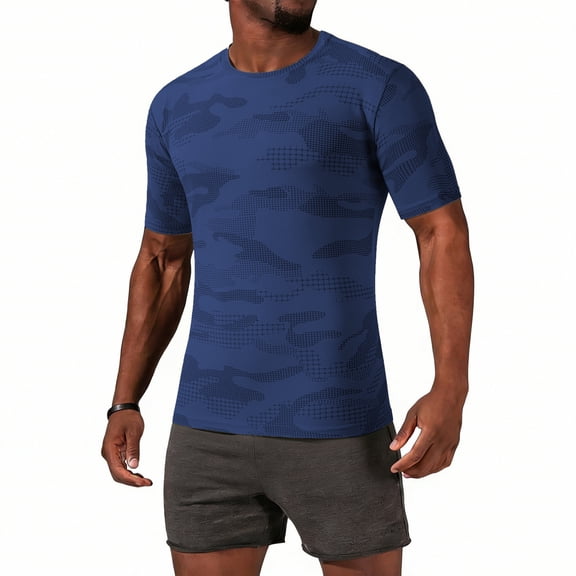 Men's Camo Print Short Sleeve Fitness T-Shirt, Casual Sports Crewneck Top for Training Dark Blue 3XL