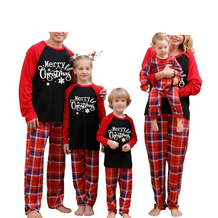 

Suanret Christmas Family Pajamas Matching Set Long Sleeve Snowflake Print Tops Plaid Pants Sleepwear Loungewear Black Red Mom-XL