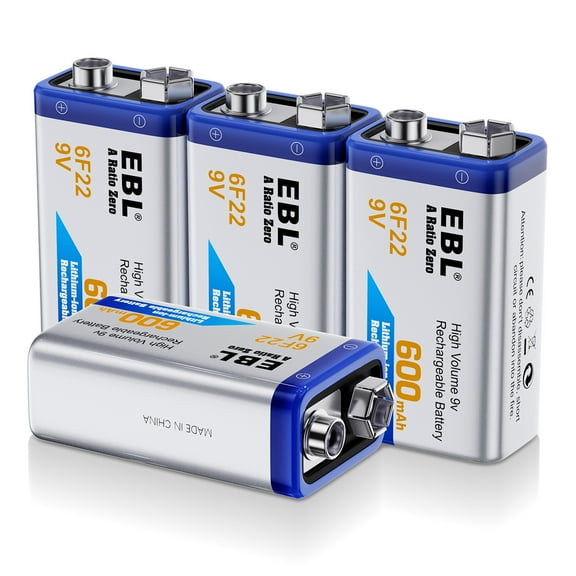 EBL 9V Rechargeable Batteries 9 Volt Lithium ion 600mAh Li-ion Batteries (4-Packs)