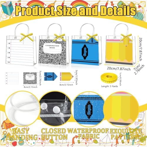 24 Pcs Teacher Appreciation Gift Bags, Teacher Gift Bags Bulk Double-Sided Clear PVC 4 Styles Gifts Bag with Handle Measuring Tape Ribbon Cards for Teachers Graduation End of Year Back to School Gif