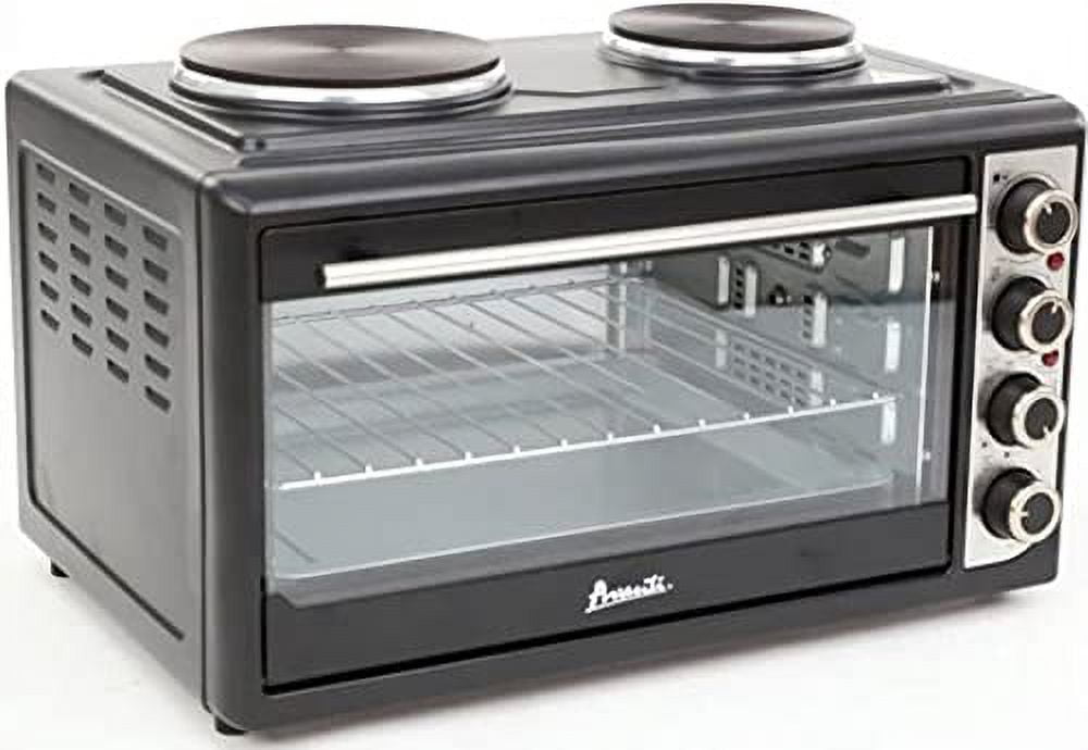 Avanti Portable Oven Multi-Function with Convection Rotisserie and Dual Burner Cooktop, 60 Minute Timer and Auto Shut-Off, 1.4 Cu.Ft., Black