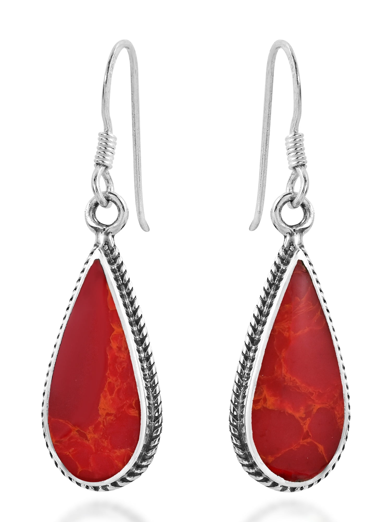 AeraVida Classic Teardrop Shaped Synthetic Red Coral Sterling Silver Fishhook Dangle Earrings