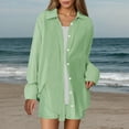 thumbnail image 2 of Women's 2 Piece Cotton Outfits, Loose Casual Long Sleeve Button Shirt and Shorts Tracksuit Beach Vacation Sets Travel Outfit Mint Green M, 2 of 7