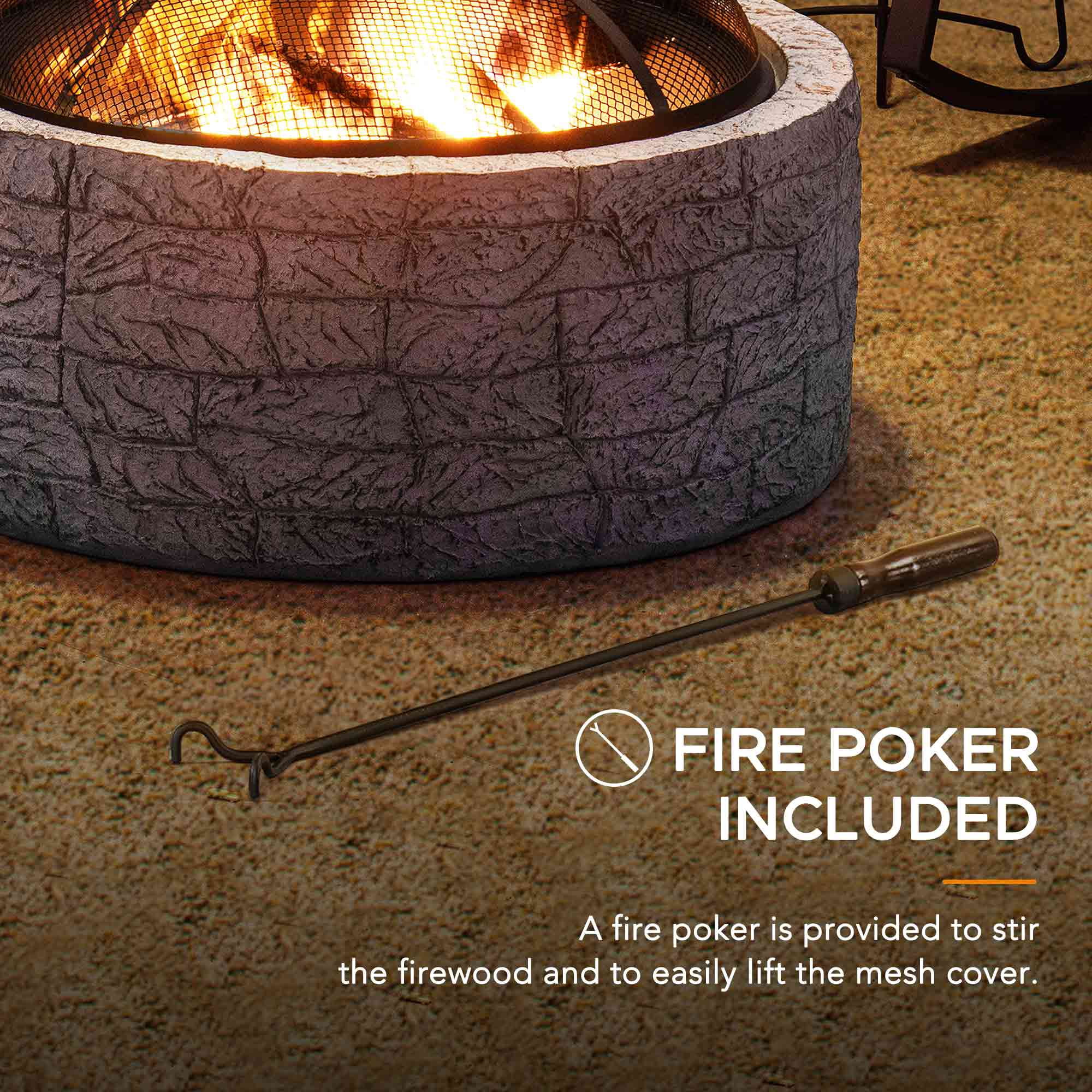 SUNJOY 26 Inch Stone Fire Pit, Patio Outdoor Round Wood Burning Fire Pits for Outside with Spark Screen and Poker, Misty Blue Stone