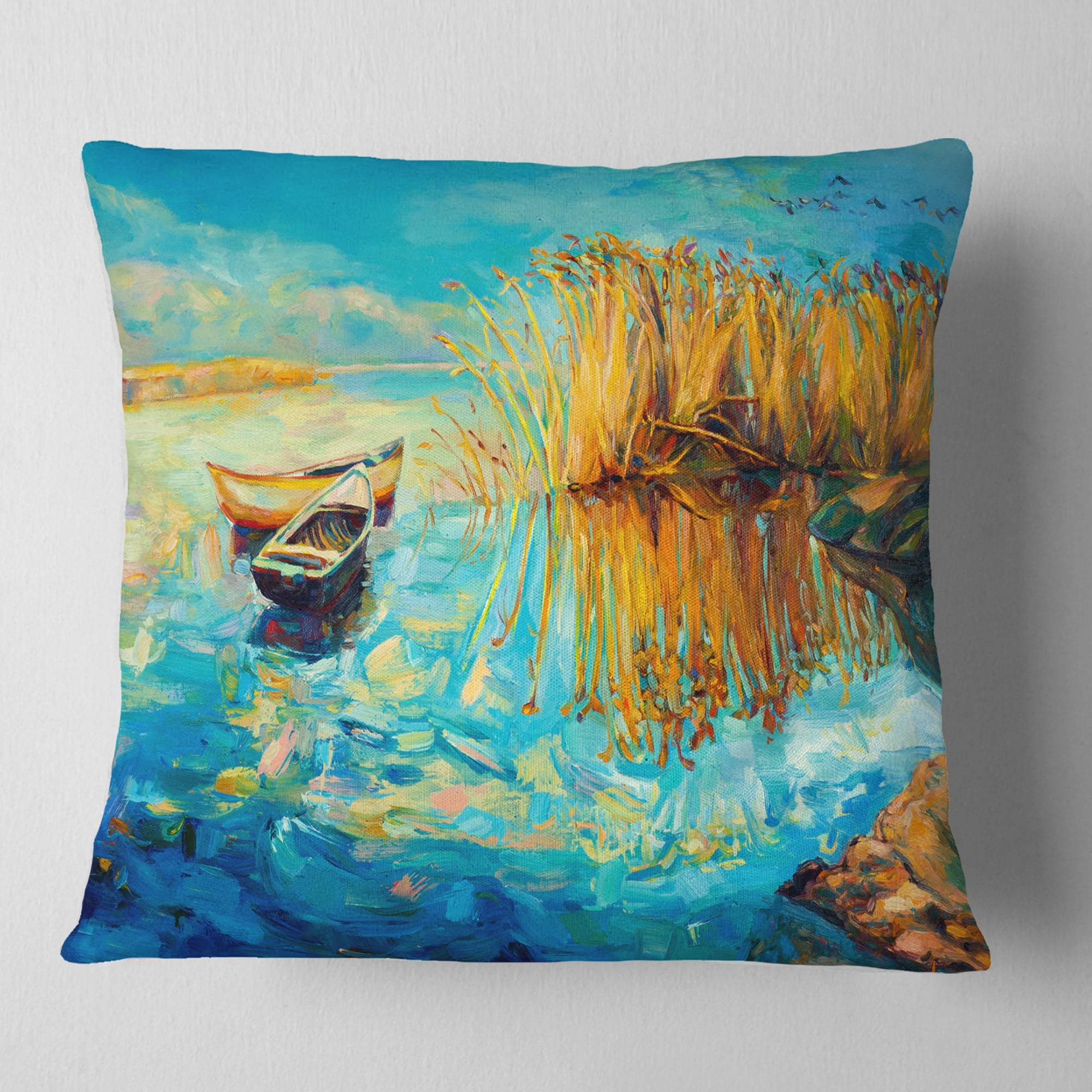 Designart Colorful Lake with Boats - Seascape Throw Pillow - 16x16