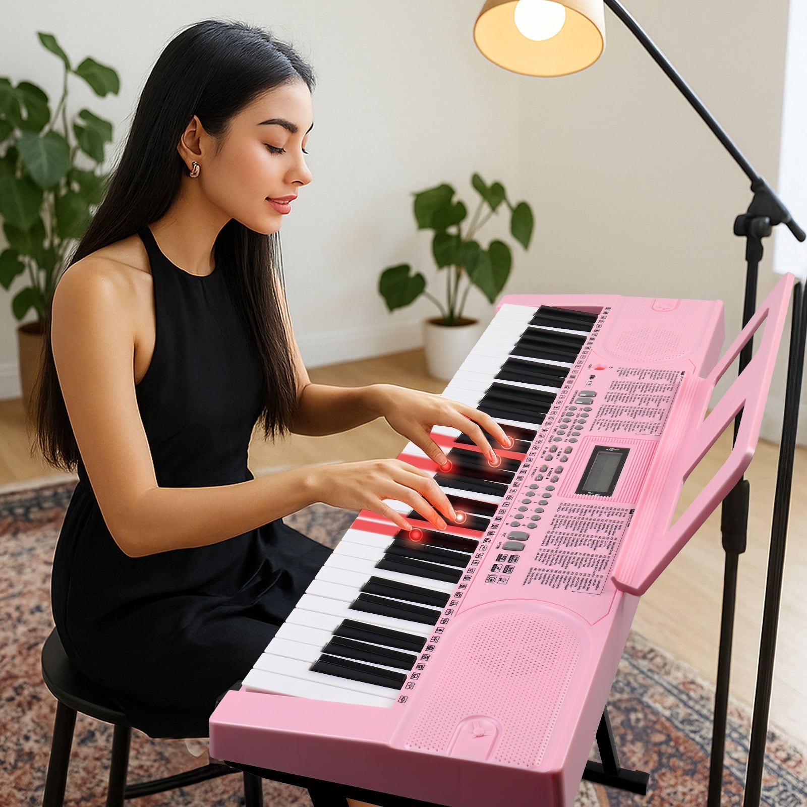 Ktaxon 61 Keys  Keyboard Piano with Lighted Keys, Z-Stand, Piano Bench, Pink