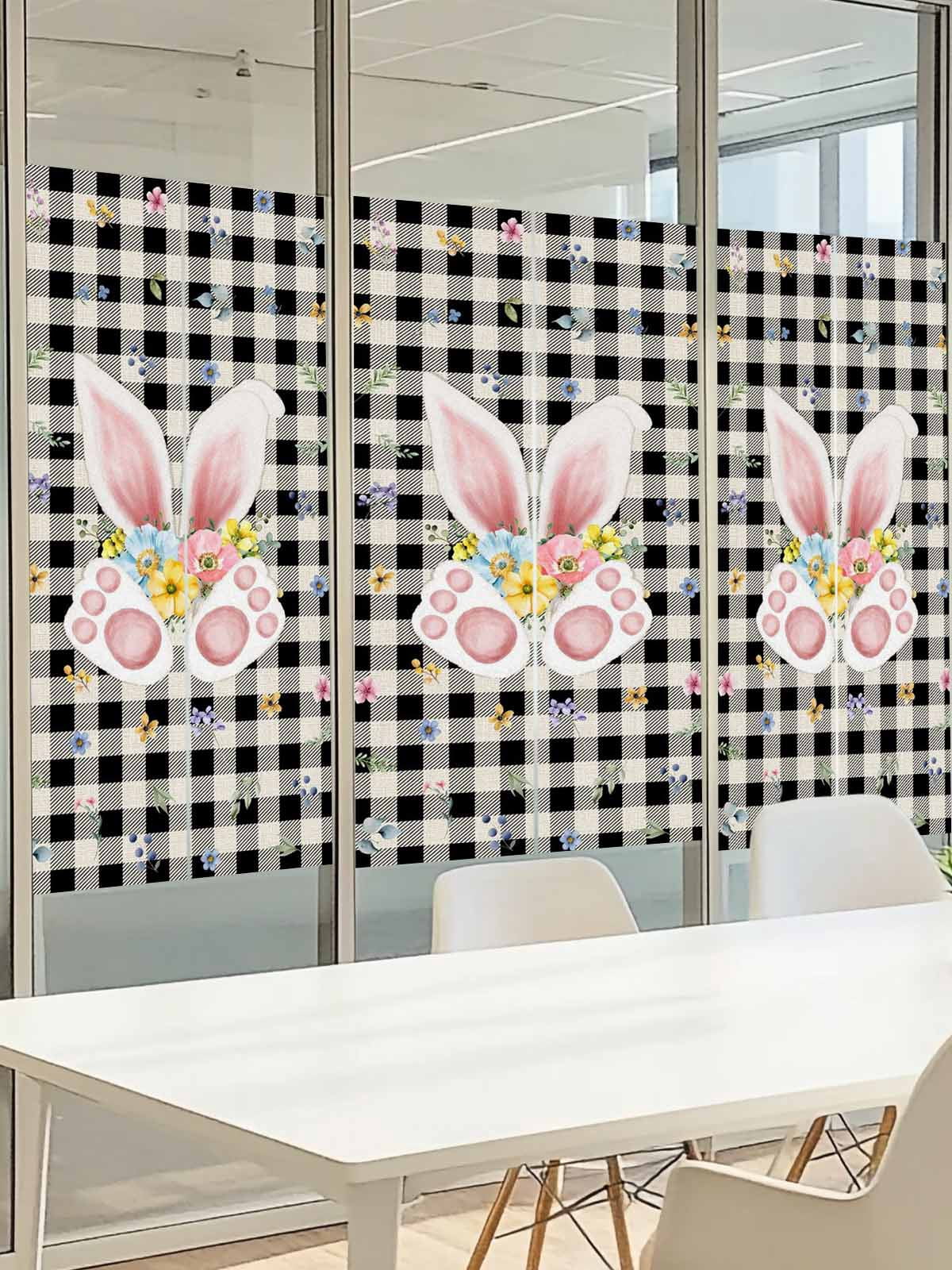 Easter Rabbit Window Privacy Film, Spring Bunny Ears Foot Floral Black White Plaid Frosted Glass Window Clings Static Cling UV Heat Blocking Reusable Door Sticker for Bathroom 23.6 x 59 Inch