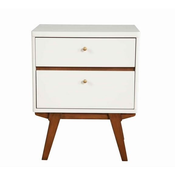 Benjara 2 Drawer Wooden Nightstand with Angled Legs, White and Brown
