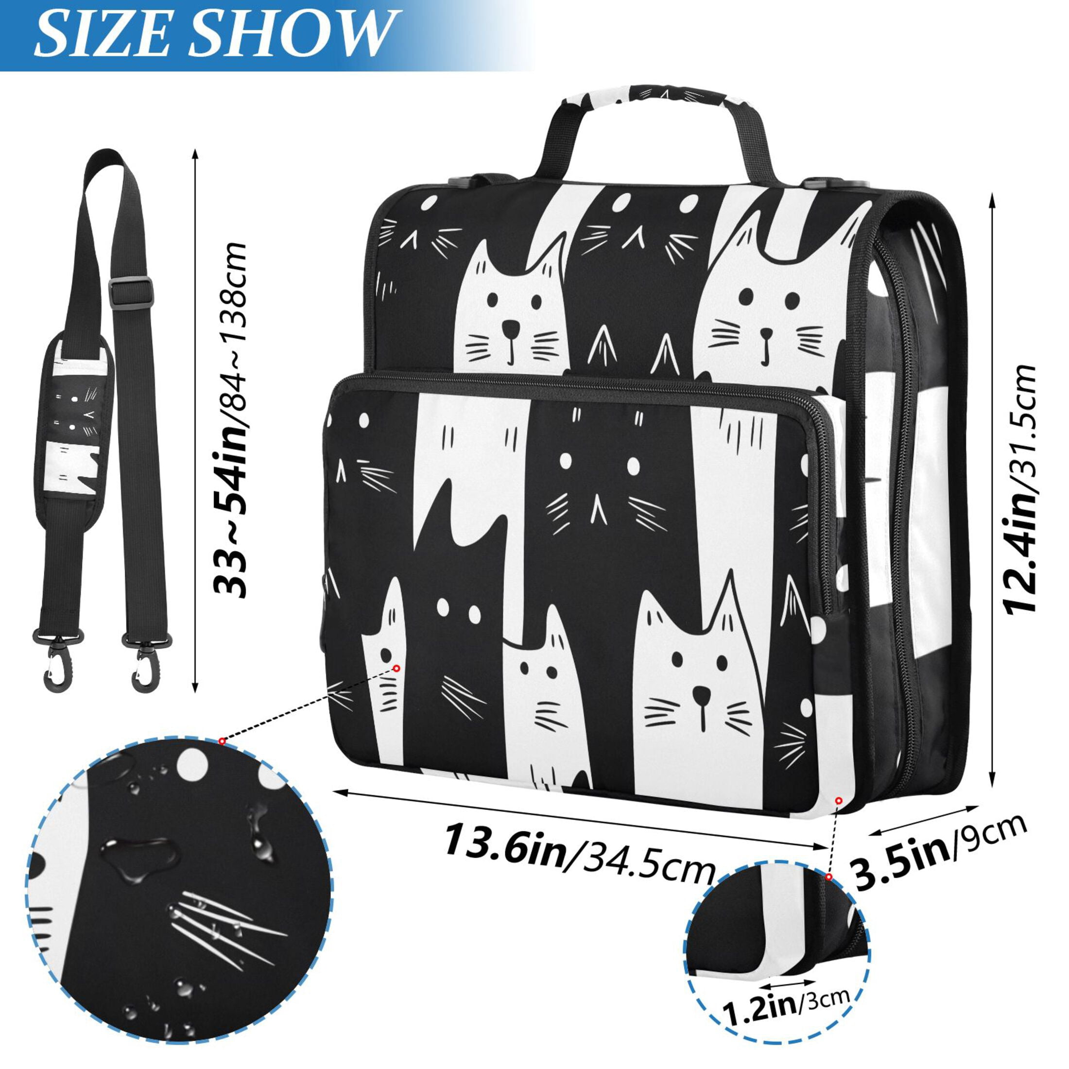 3 Ring Zipper Binder with Shoulder Strap Waterproof Trapper Keeper 2 Inch D-Ring 500 Sheets Capacity White Black Cat