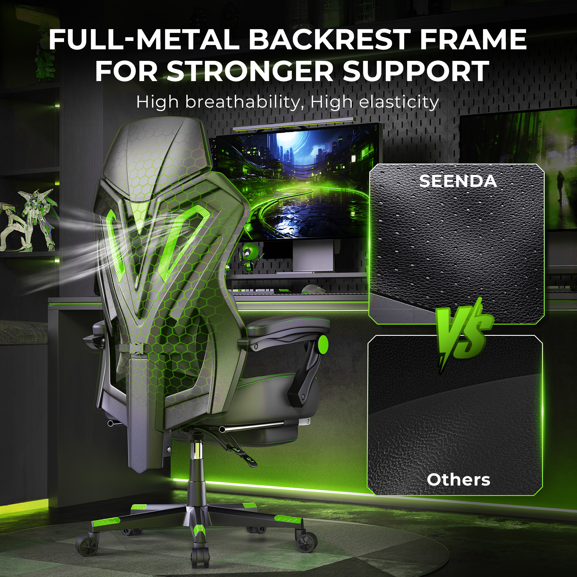 Seenda Massage Gaming Chair, Computer Chair with Mesh Back, Ergonomic Office Chair with Footrest, Reclining Game Chair with Adjustable Headrest and Lumbar Support for Gaming and Office