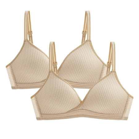 

Bra 2PCs Women Simple Lattice Plaid Adjustable Shoulder Strap Underwire Underwear Bra Cotton no underwire sports bra Beige