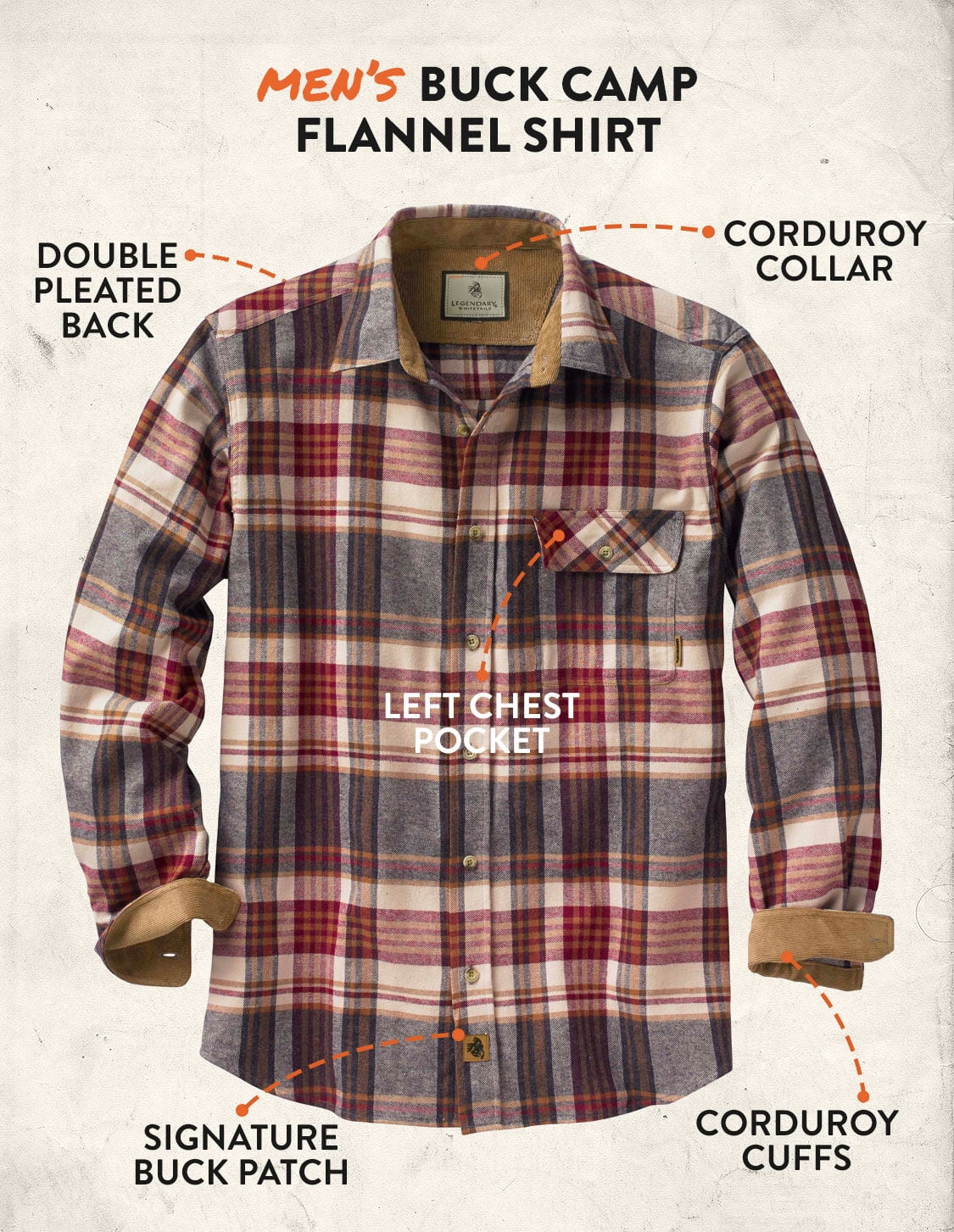 Legendary Whitetails Men's Buck Buck Camp Flannel Shirt, Long Sleeve Plaid  Button Down Casual Shirt for Men with Corduroy Cuffs, Alpine Mountain Plaid,  Small : : Clothing, Shoes & Accessories