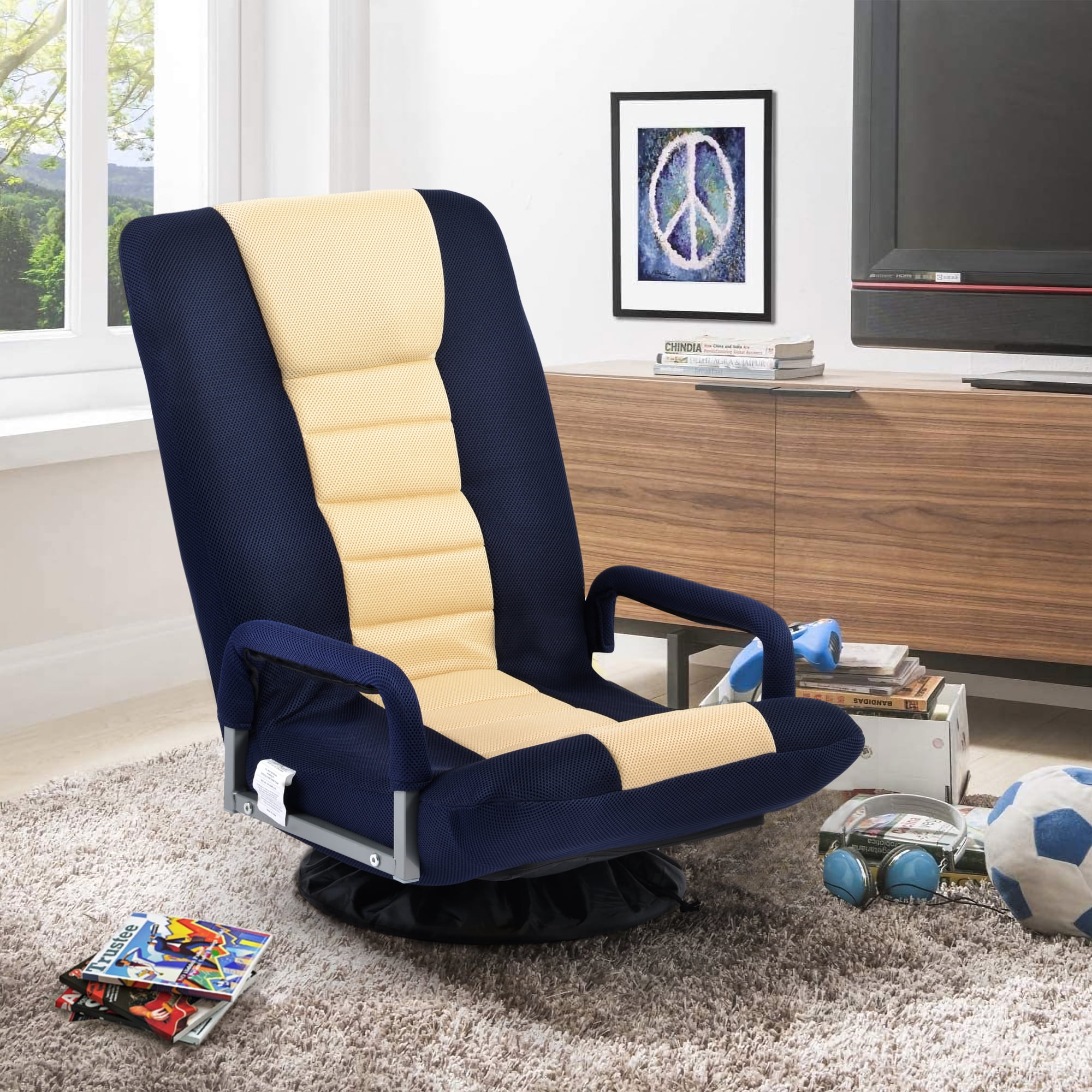 MERITLINE Swivel Video Rocker Gaming Chair Adjustable 7-Position Floor Chair Folding Sofa Lounger Blue+Beige 