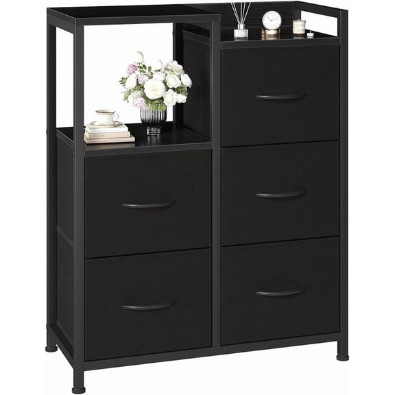 Simenmax 5-Drawer Fabric Dresser with Side Cabinet with Open Shelf, 26" Wide Storage Tower for Bedroom, Closet, Hallway, Entryway, Living Room, Black