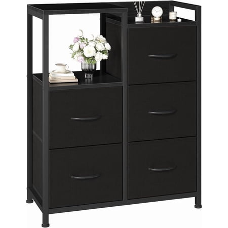Simenmax 5-Drawer Fabric Dresser with Side Cabinet with Open Shelf, 26" Wide Storage Tower for Bedroom, Closet, Hallway, Entryway, Living Room, Black
