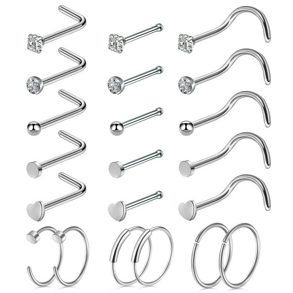 Bamboohart 21Pcs Nose Rings L Shaped Nose Studs Hoop 20G Surgical Steel Nose Piercing Jewelry