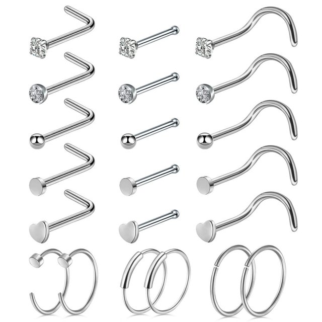 QJUHUNG 21 Pcs Anneaux de Nez en Forme de L 20G Acier Chirurgical Perçage de Nez Bijoux