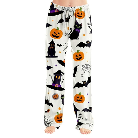 MLQIDK Womens Plus Size Pumpkin Bat Ghost Print Pajama Pants Halloween Loose fit Fall Pajamas Elastic Waist Drawstring Pajamas Funny Fall Pjs
