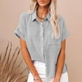 thumbnail image 3 of Otntypg Plus Size Linen Shirts for Women Lightweight Casual Summer Short Sleeve Button Down Beach Hawaiian Vacation Tees Shirt Tops Trendy Oversized Cotton Collared Tshirt with Pockets A-Gray S, 3 of 10
