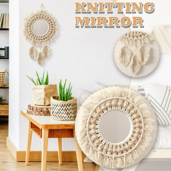 Espejo de Mano Tejido para Colgar en la Pared | Espejo Decorativo para Maquillaje en Dormitorio o Mesa de Noche | Tapiz Único Tejido a Mano | 32 x 50 cm Tamaño Grande | Incluye Cuerda de Algodón | 1