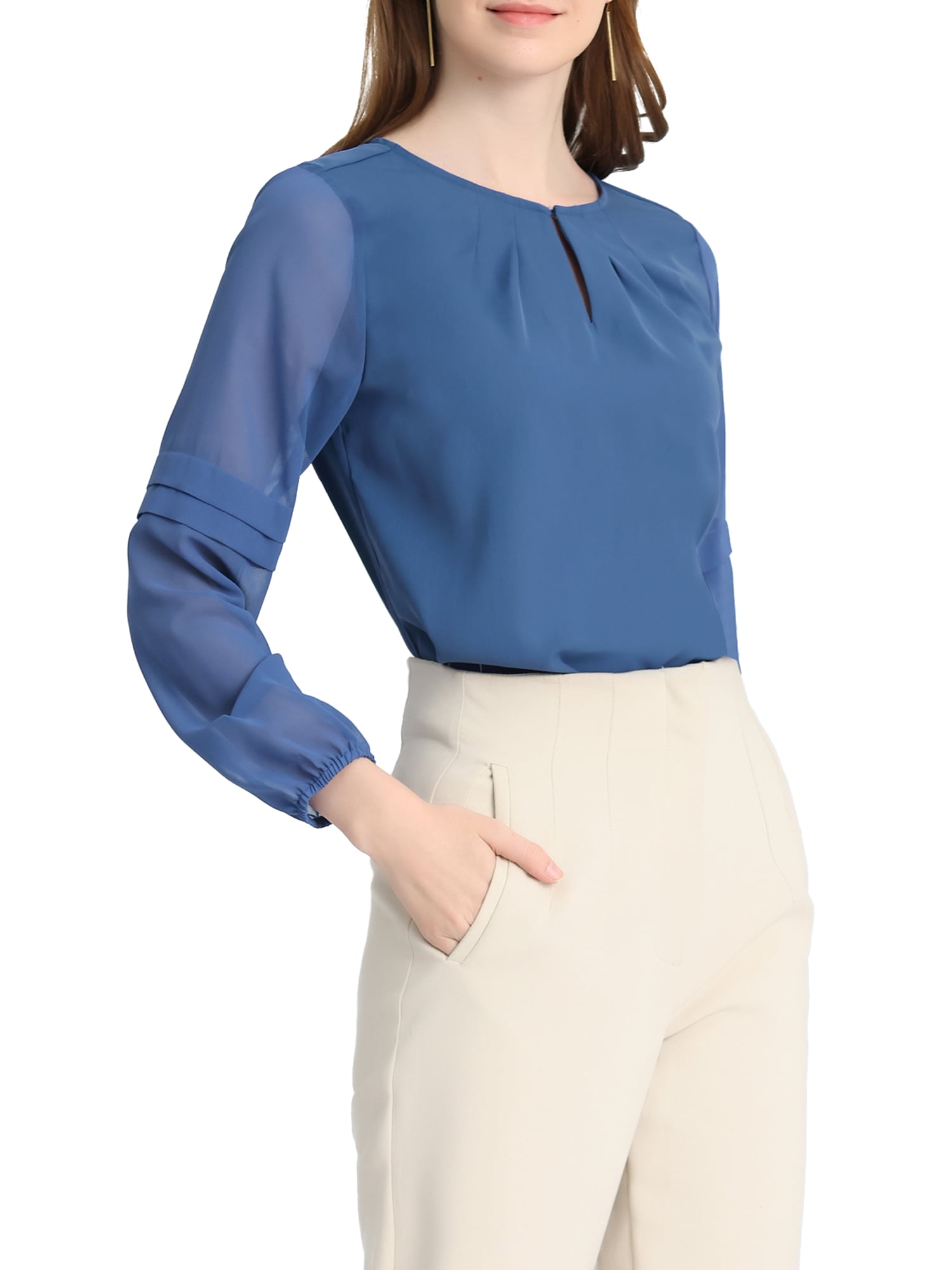 Unique Bargains Women's Chiffon Semi Sheer Long Sleeves Keyhole Neck Blouse XS Deep Blue