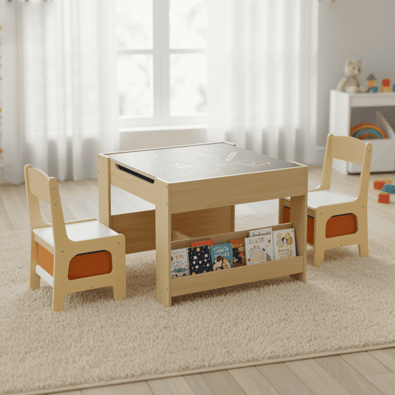 TLSUNNY Toddler Table and 2 Chairs Set, 4-in-1 Wooden Activity Table, Blackboard, Reversible & Detachable Tabletop, Bookshelf, for Home/Playroom