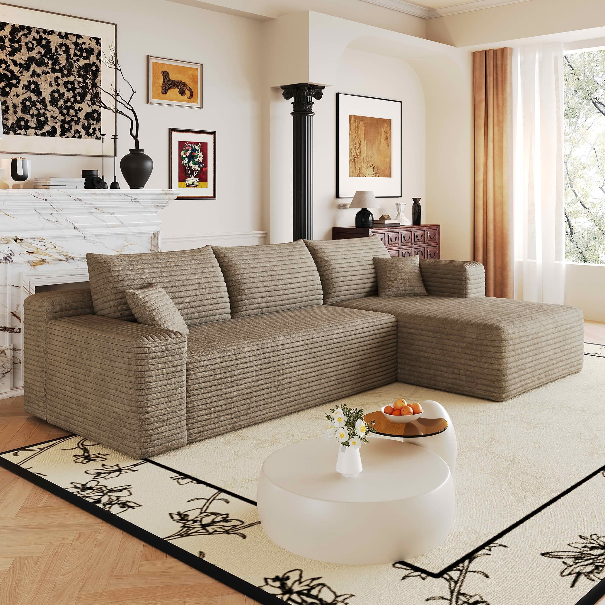 MAYEERTY 103 Inch L‑Shaped Cloud Sectional Sofa, Modern Minimalist Deep‑Seat Corner Couch, Plush Corduroy Upholstered Reversible Sofa, No‑Assembly Required for Living Room Apartment