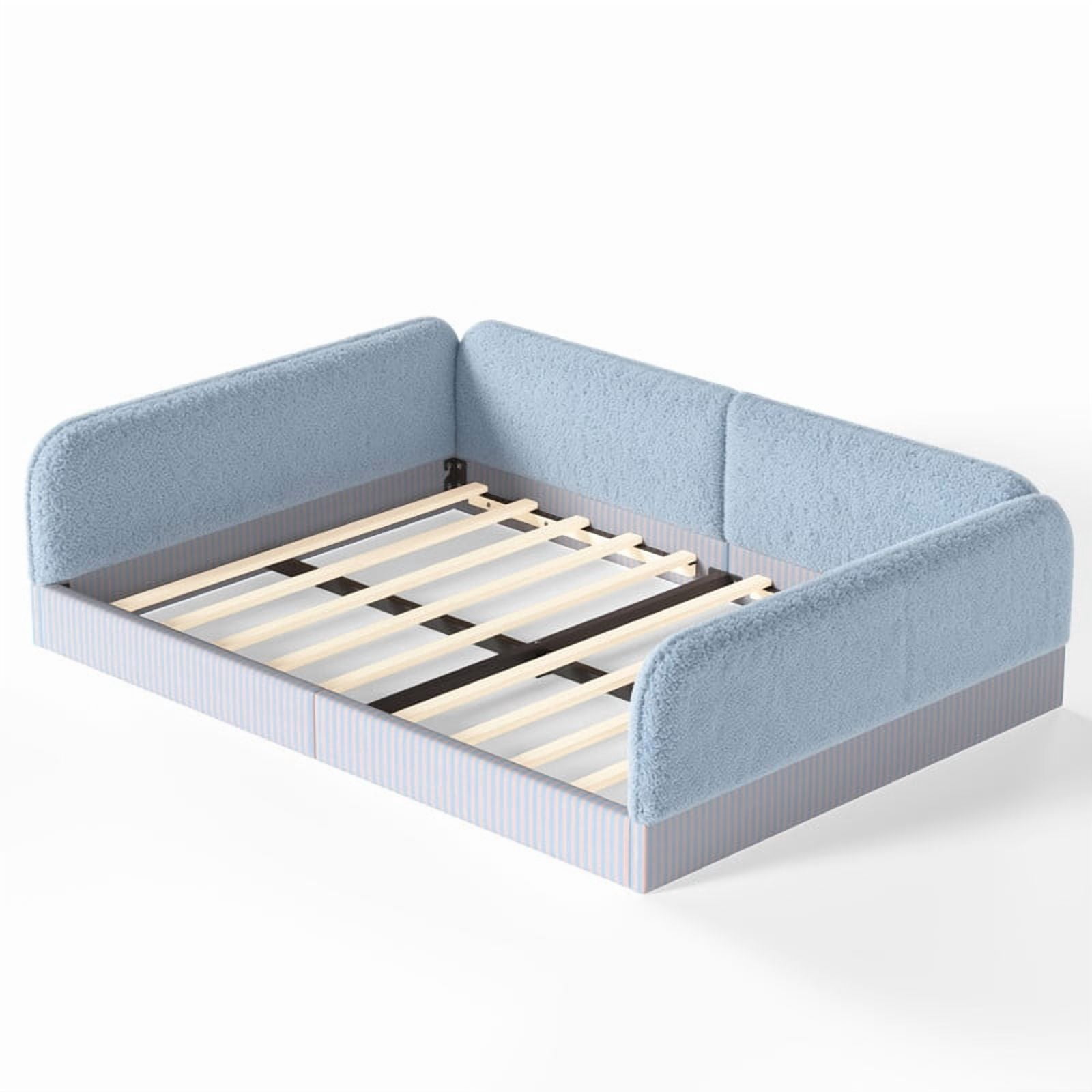 Queen Size Upholstered Floor Daybed Frame for Kids, Half-Enclosed Montessori Platform Bed with 3-Sided Surrounding Guardrails