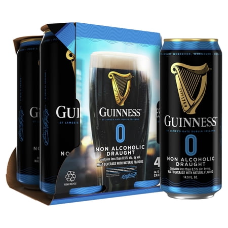 Guinness 0 Draught Non-Alcoholic Import Beer, 4 Pack Cans, 14.9 fl oz, Less Than 0.5% ABV