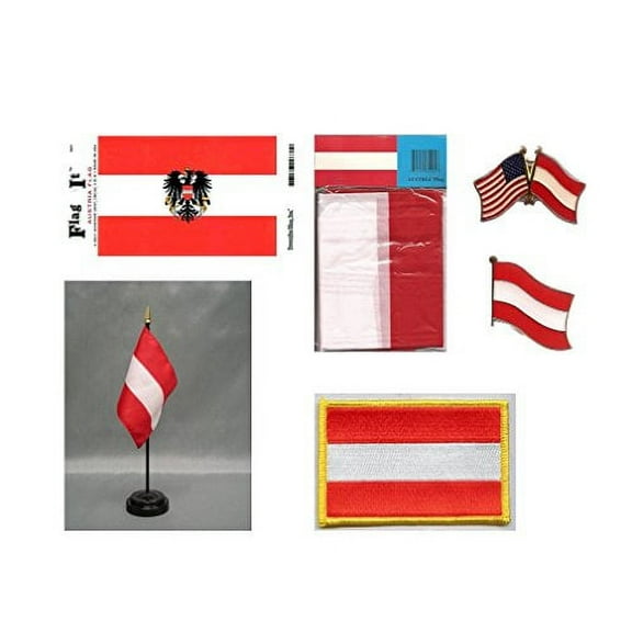 Austria Heritage Flag Pack - Includes a Austrian 3x5' Flag, Vinyl Flag Decal, One Single & One Double Friendship Flag Lapel Pin, Miniature Desk Flag with Stand & One Iron-On Flag Patch